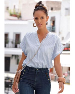 Lascana Striped V-Neck Blouse Summery Vertical Stripes Shirt Top - Blue