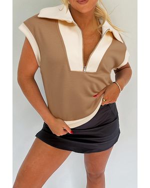 TRUEDAMES Half Zipper Colla Colorblock Short Sleeve Top - Black