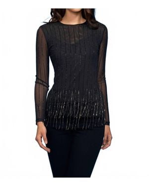 oolala High Neck Rhinestone Pinstripe Crystal Trim Mesh Top - Black