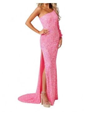 Rachel Allan One Shoulder Sequins Prom Dress - Pink