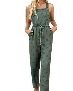 fashionworks Spaghetti Straps Belted Ruffle Leg Cambray Romper - Green
