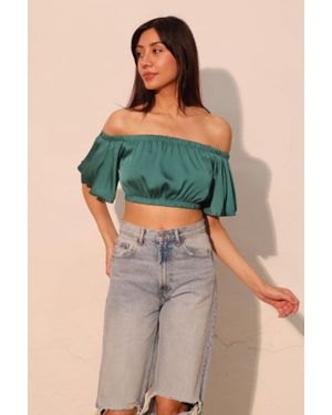 TRUEDAMES Washed Poly Silk Bubble Sleeve Crop Top - Green