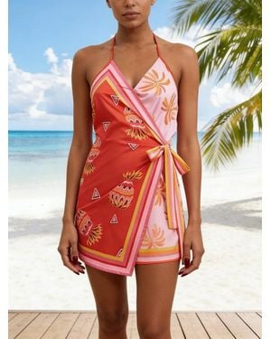 TRUEDAMES Summer Trendy Sexy Print Halter Romper - Red