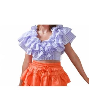 Klesis V Neckline Ruffle Tier Crop Top With Side Zipper - Blue