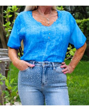 Look Mode Usa V- Neckline Linen Shirt - Blue