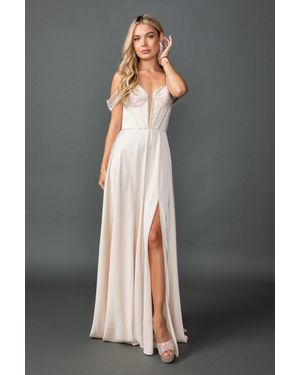 DQ Off-The-Shoulder Satin Prom Dress With Sweetheart Neckline, Spaghetti Straps, And Front Slit Skirt - Gray