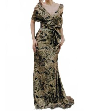 Terani Long Brocade V Neck Mermaid Dress - Green
