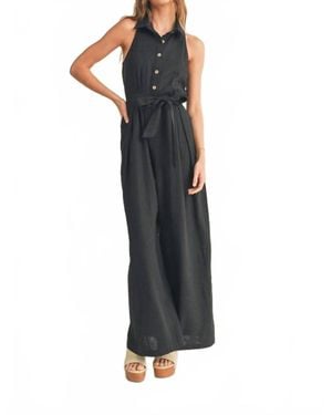 Miou Muse Blaine Linen Button Front Jumpsuit - Black