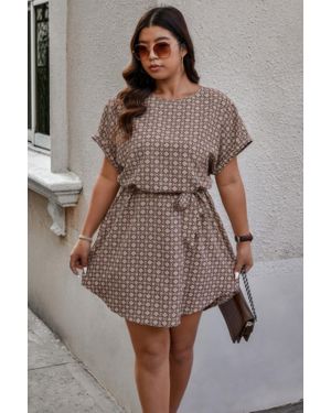 TRUEDAMES Plus Round Neck Printed Batwing Sleeve Loose Dress - Brown