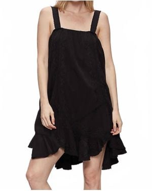 Pol Vintage Washed Embroidery Detail Solid Dress - Black