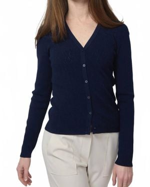 Kinross Cashmere Pointelle Button Front Vee Cardigan - Blue