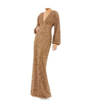 Mac Duggal Sequin V Neck Long Sleeve Evening Gown - Brown