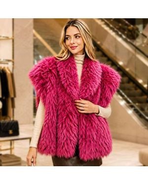 TRUEDAMES Oversized Shaggy Plush Faux Fur Open Front Winter Vest - Pink