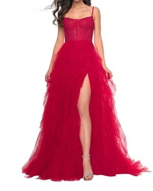 La Femme Bustier Fishnet Top Ruffle Tulle Skirt Prom Dress - Red