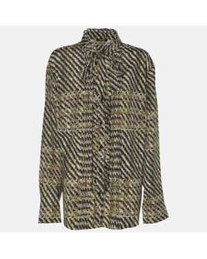 Elena Miro Tweed Print Crepe Pintuck Neck Tie Shirt - Green