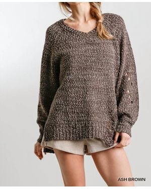 Umgee Distressed Cable Knit Sweater - Brown