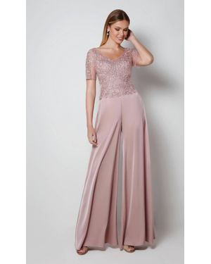 Alyce Paris Embroidered Bodice Short Sleeve Jumpsuit - Pink