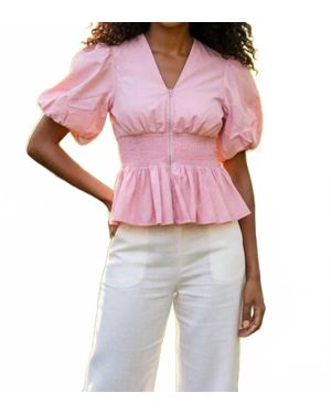 She + Sky Puff Sleeve Smocking Front Zipper Woven Top - Red