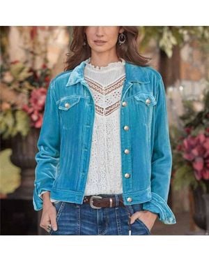 UZWholesale Cropped Velvet Jacket With Lapel - Blue