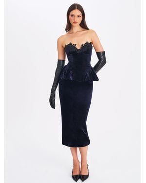 Miss Circle Pascha Lace Appliqué Strapless Peplum Midi Dress - Blue