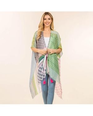 TRUEDAMES Geometric Patchwork Pattern Open Front Long Kimono Poncho - Orange