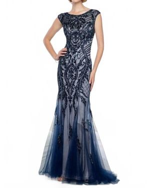 Ivonne D Hand Beaded Tulle Trumpet Gown - Blue