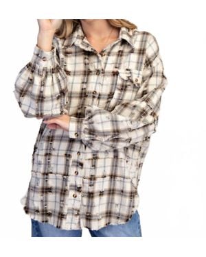Easel Oversized Distressed Flannel Shirt - Brown