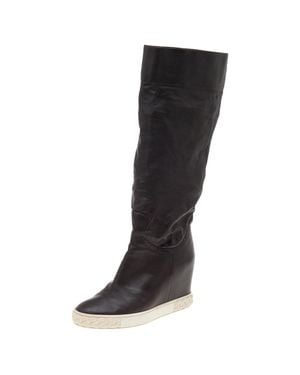 Casadei Leather Wedge Mid Calf Boots - Black