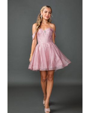 DQ Off-The-Shoulder Glitter Homecoming Dress With Sweetheart Neckline, Rhinestone Detail, And A-Line Skirt - Gray