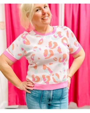 Bibi Leopard Round Neck Short Sleeve Sweater - Pink