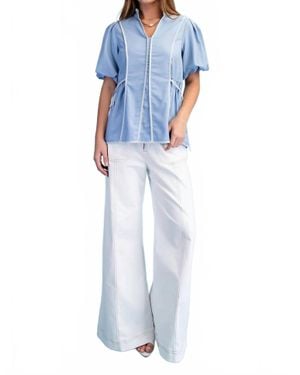 Gigio Linen Blouse With Striped Binding Details - Blue