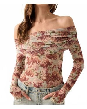 Promesa Flora Mesh Off-Shoulder Floral Bodysuit - Brown