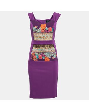 Roberto Cavalli Jersey Floral Applique Beaded Bodycon Dress - Purple