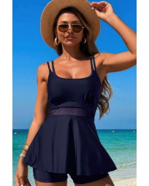 TRUEDAMES Square Neck Bottom Mesh Two Piece Swimsuit - Blue