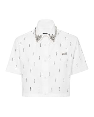 Philipp Plein Poplin Cropped Shirt Ss Strass - White