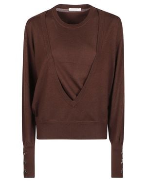 Patrizia Pepe Long Sleeve Deep V-Neck Layered Wool Sweater - Brown