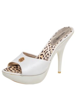 Roberto Cavalli Leather Logo Buckle Platform Sandals - White