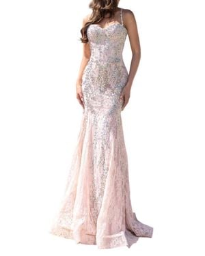 Portia and Scarlett Lace And Crystal Mermaid Gown - Pink