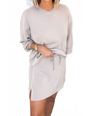Lovesoft Solid Color Drop Shoulder Pullover Drawstring Mini Skirt 2-Piece Set - White