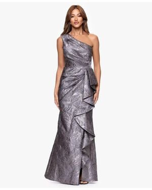 Xscape One Shoulder Ruffle Floor Length Jacquard Dress - Purple