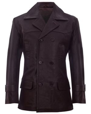 Infinity Leather Cow Hide Dr Who Naval German Pea Coat Jacket - Blue