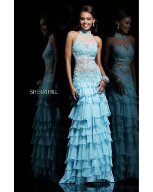Sherri Hill Lace Tiered Ruffle Gown - Blue