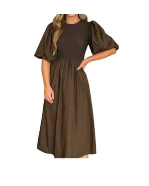 SOFIA The Label Kenzie Midi Dress With Puffed Sleeves - Brown