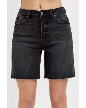 Risen Tummy Control High Rise Mid Length Raw Cut Hem Shorts - Black