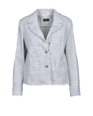 Marella Light- Jewel Button Checkered Cotton-Blend Blazer - Blue