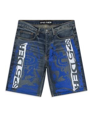 Sp5der Printed Denim Shorts - Blue