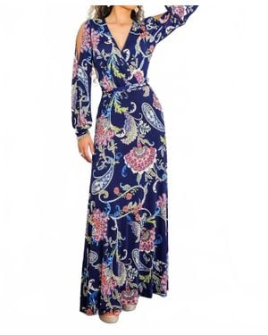 SurelyMine Paisley Cutout Maxi Dress With Long Sleeves - Blue
