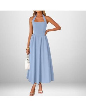 TRUEDAMES Summer Fashion Temperament Wide Suspender Neck Halter Dress - Blue