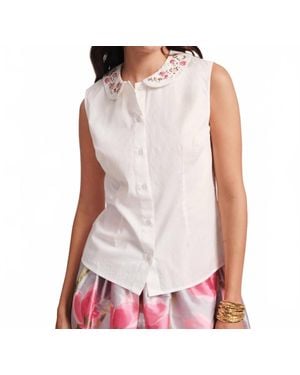 Frances Valentine Louise Floral Embroidered Collar Top - White