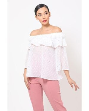 TRUEDAMES Polka Dot Sheer Off Shoulder Top - White